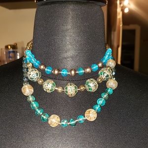 Liz Claiborne Turquoise And Gold Colored Glass Bead Necklace